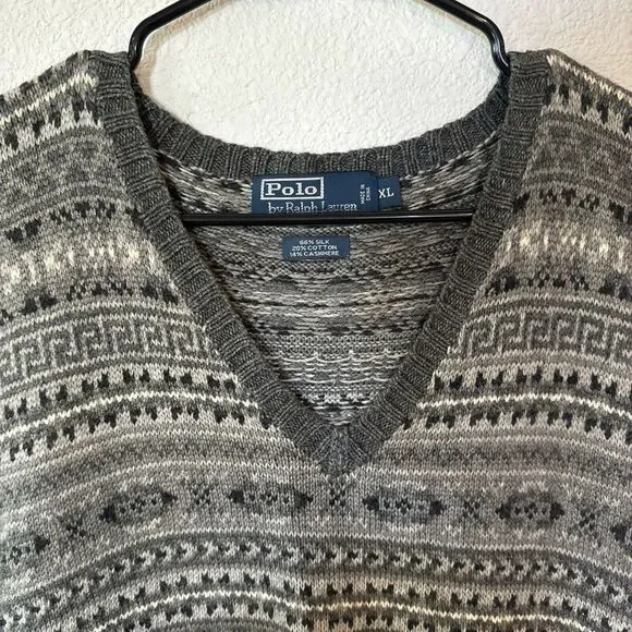 VTG Polo Ralph Lauren Sweater Gray Fair Isle Vest Silk Cashmere Cotton Mens XL